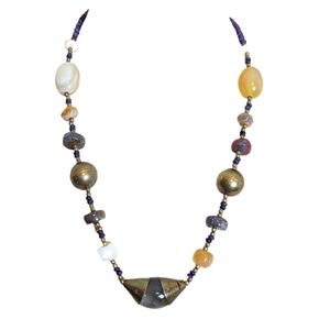 Vintage Brass & Natural Stone Agate Quartz Citrine Bead Necklace Artisan 80’s 90